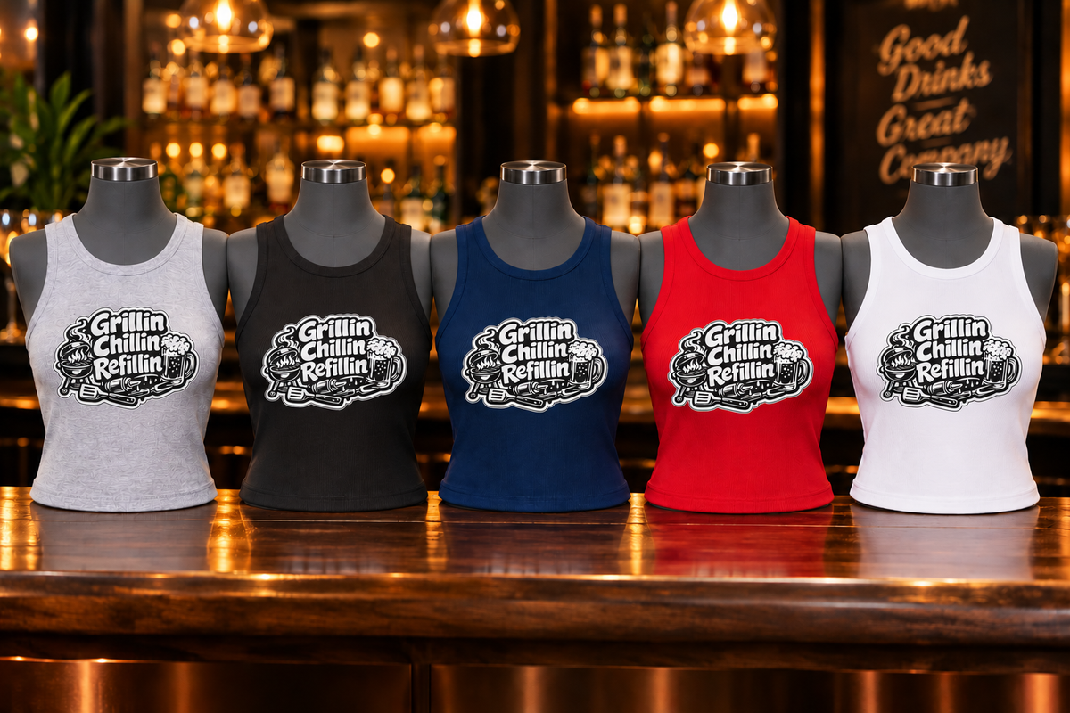 Grillin Chillin Refillin Women's Micro Rib Racer Tank Top