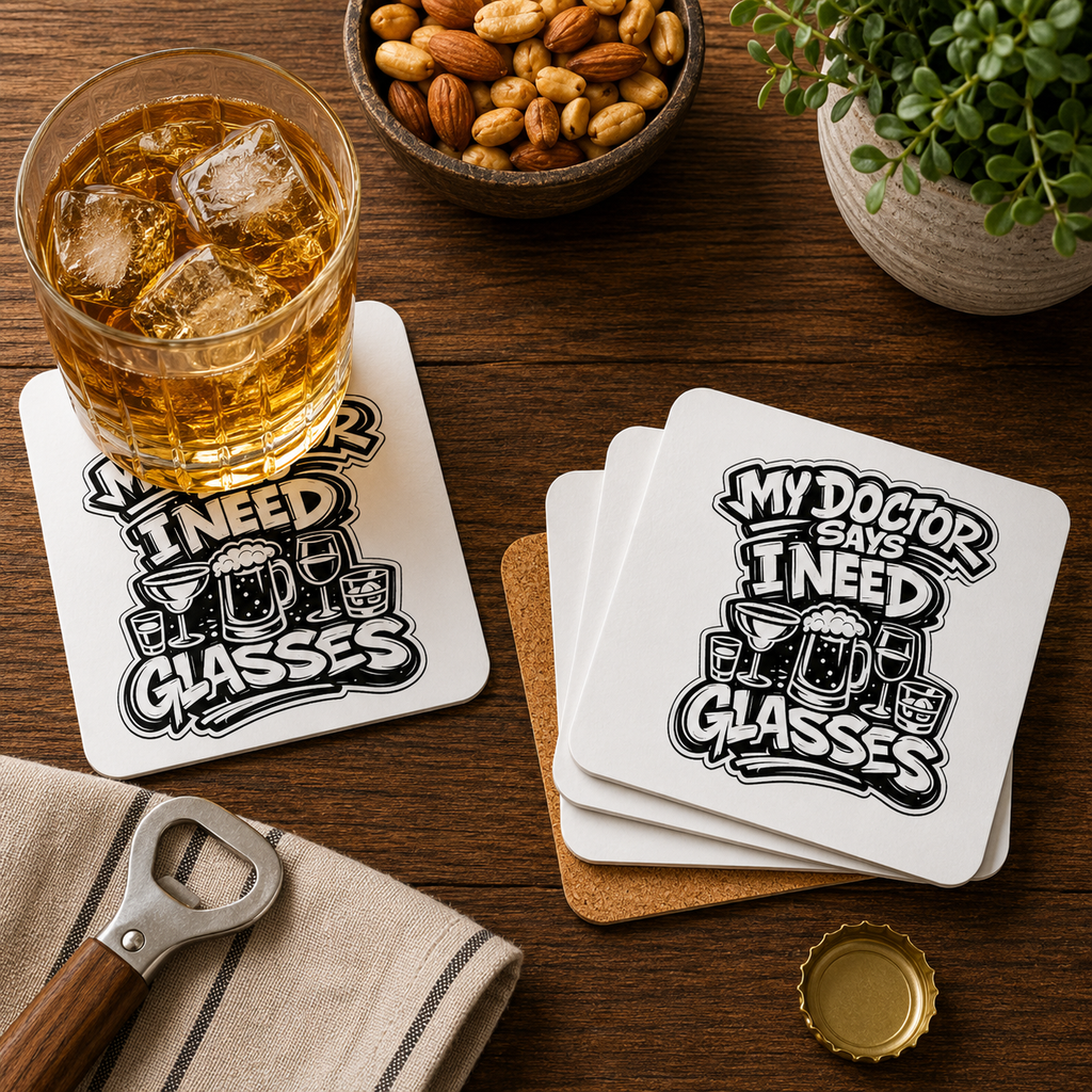 My Doctor Says I Need Glasses (Glasses) Hardboard Coasters with Cork Bottom (Set of 4)