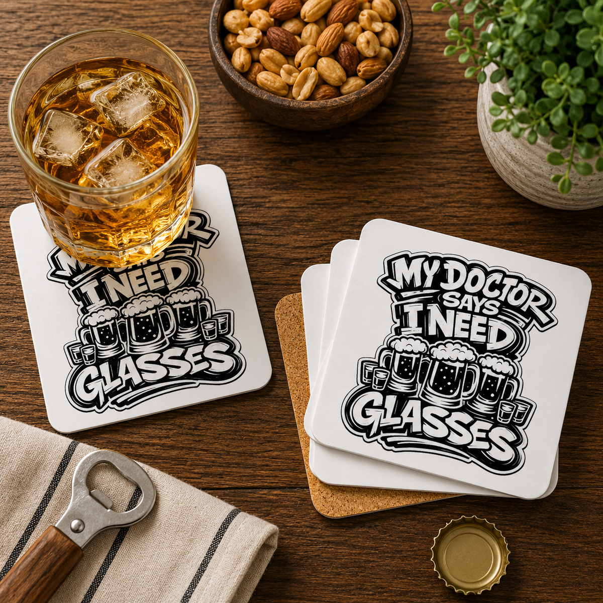 My Doctor Says I Need Glasses (Shots Beer) Hardboard Coasters with Cork Bottom (Set of 4)
