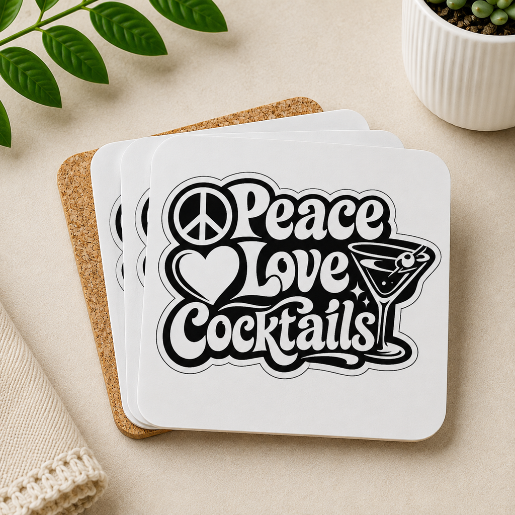 Peace Love Cocktails Hardboard Coasters with Cork Bottom (Set of 4)
