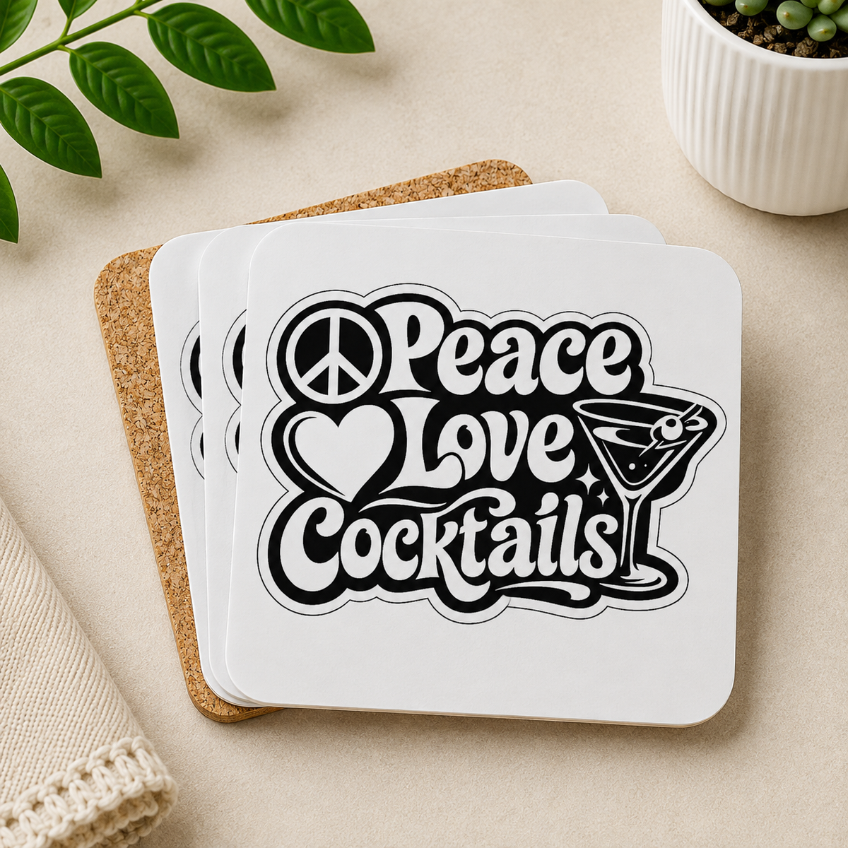 Peace Love Cocktails Hardboard Coasters with Cork Bottom (Set of 4)