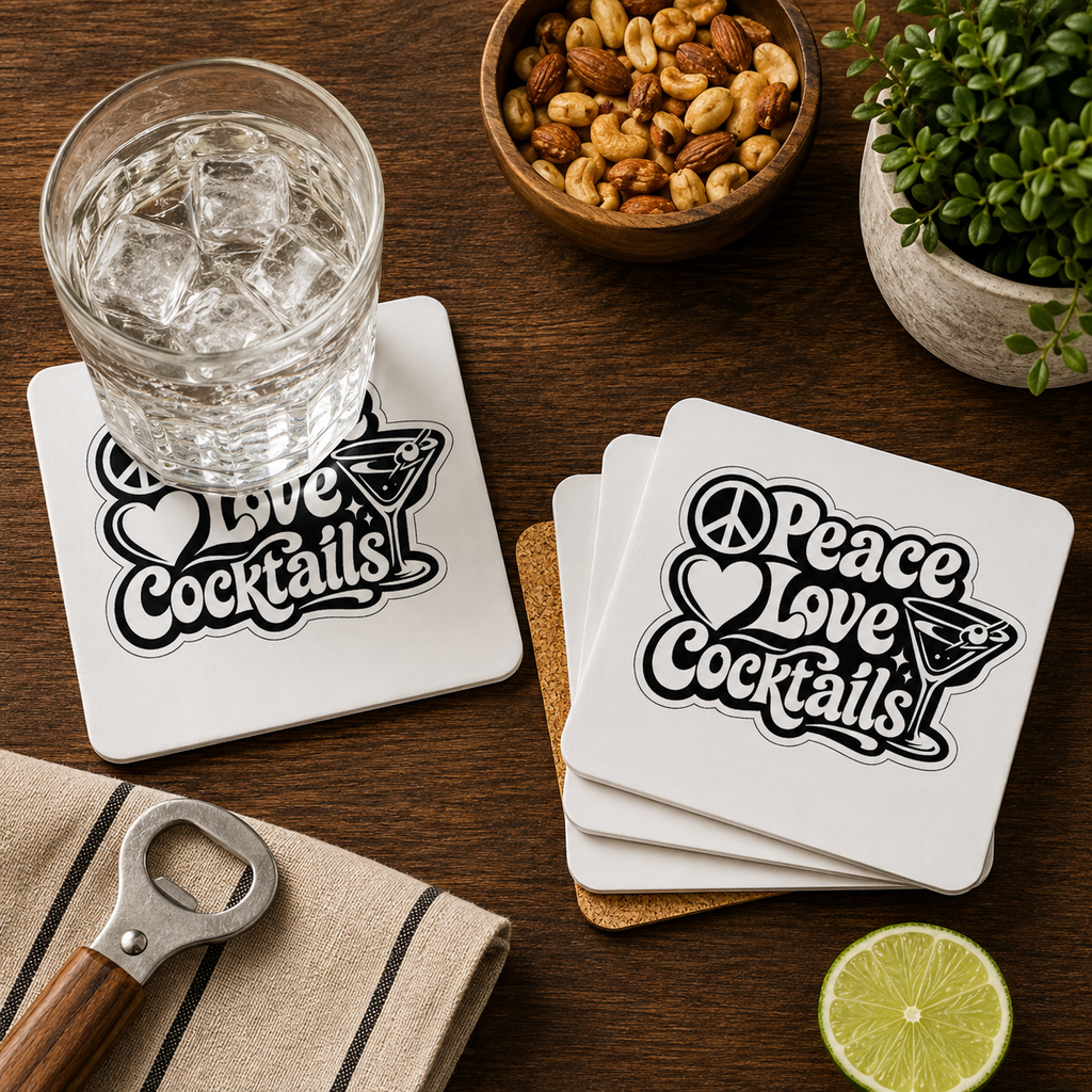 Peace Love Cocktails Hardboard Coasters with Cork Bottom (Set of 4)