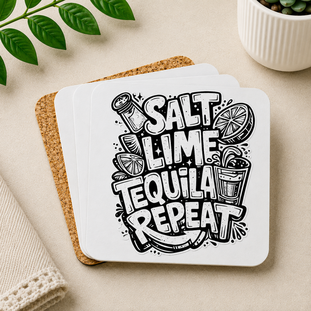 Salt Lime Tequila Repeat Hardboard Coasters with Cork Bottom (Set of 4)