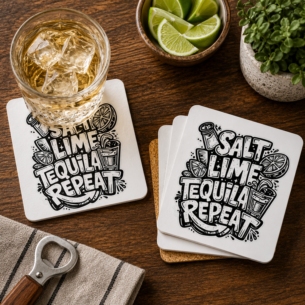 Salt Lime Tequila Repeat Hardboard Coasters with Cork Bottom (Set of 4)