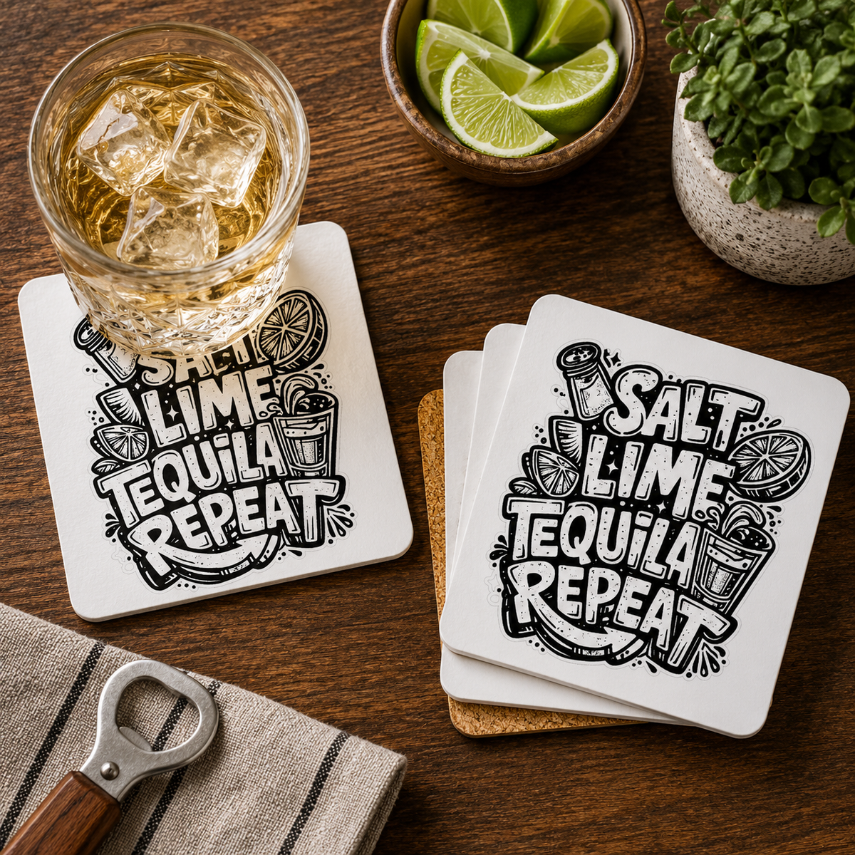 Salt Lime Tequila Repeat Hardboard Coasters with Cork Bottom (Set of 4)