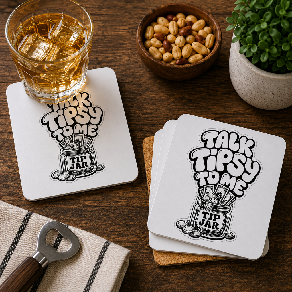 Talk Tipsy To Me Hardboard Coasters with Cork Bottom (Set of 4)