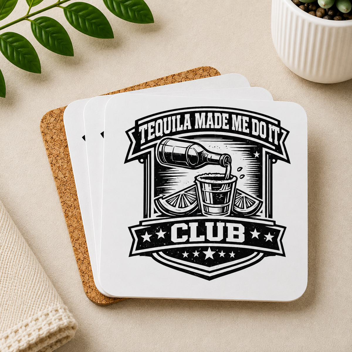 Tequila Made Me Do It Club Hardboard Coasters with Cork Bottom (Set of 4)
