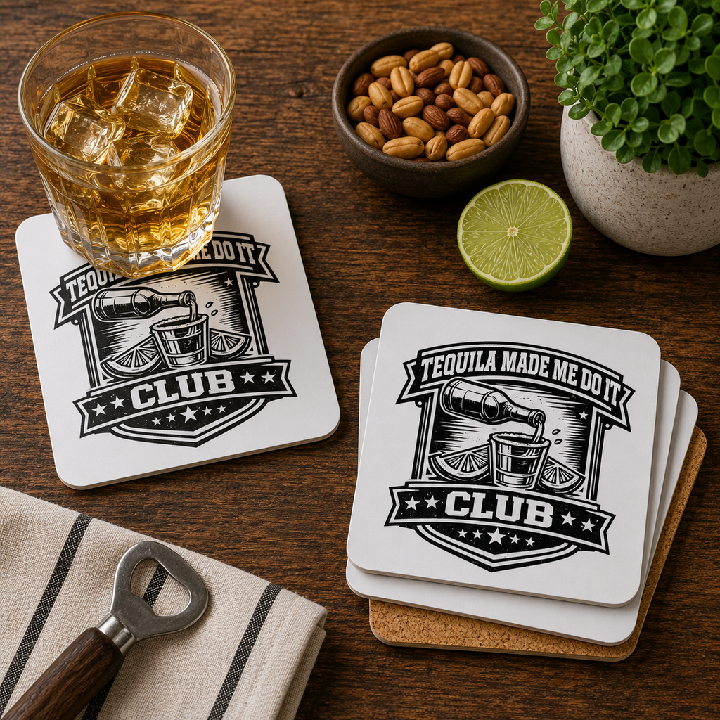Tequila Made Me Do It Club Hardboard Coasters with Cork Bottom (Set of 4)