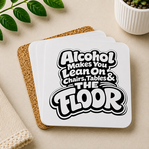 Alcohol Makes You Lean on Chairs Tables & The Floor Hardboard Coasters with Cork Bottom (Set of 4)