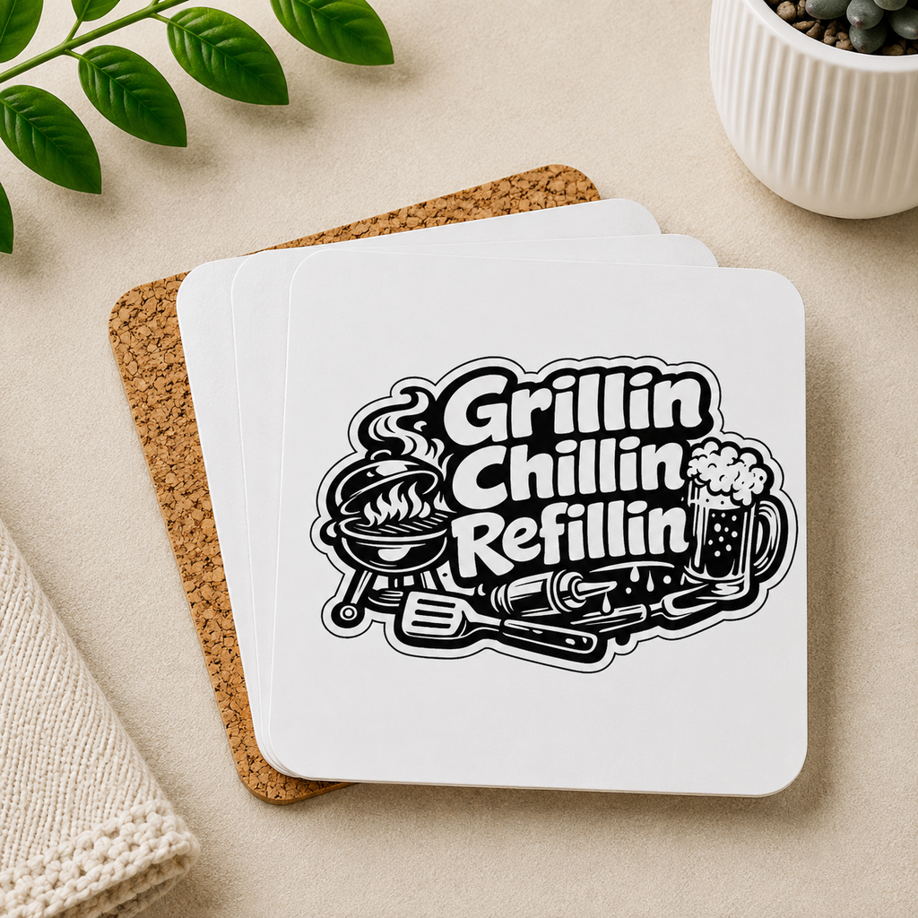 Grillin Chillin Refillin Hardboard Coasters with Cork Bottom (Set of 4)