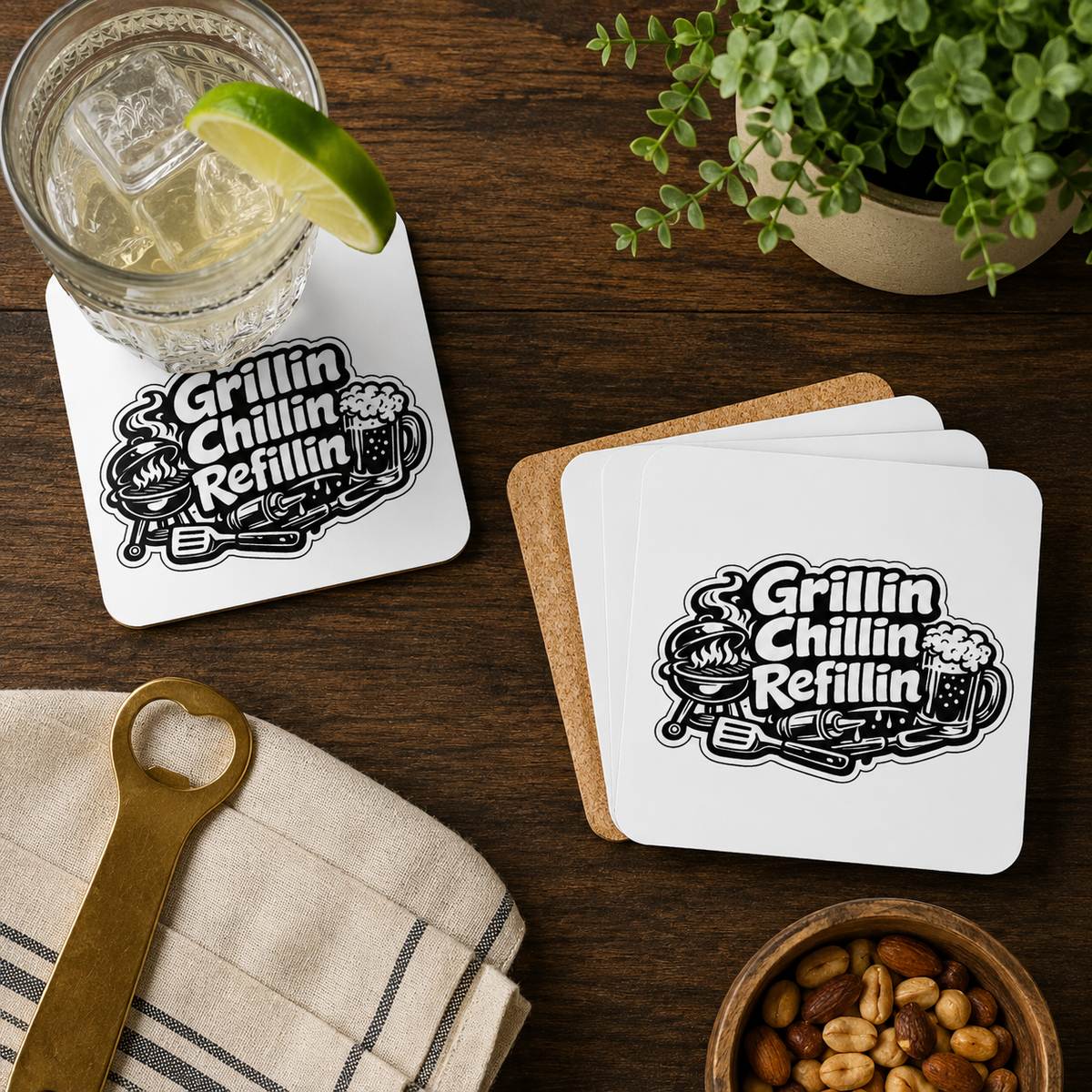 Grillin Chillin Refillin Hardboard Coasters with Cork Bottom (Set of 4)