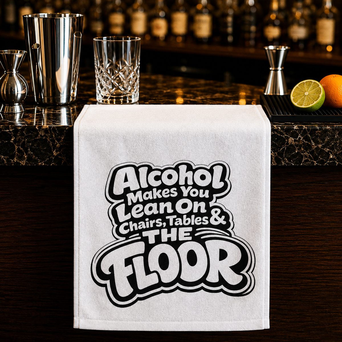 Alcohol Makes You Lean on Chairs Tables & The Floor Rally Towel, 11x18
