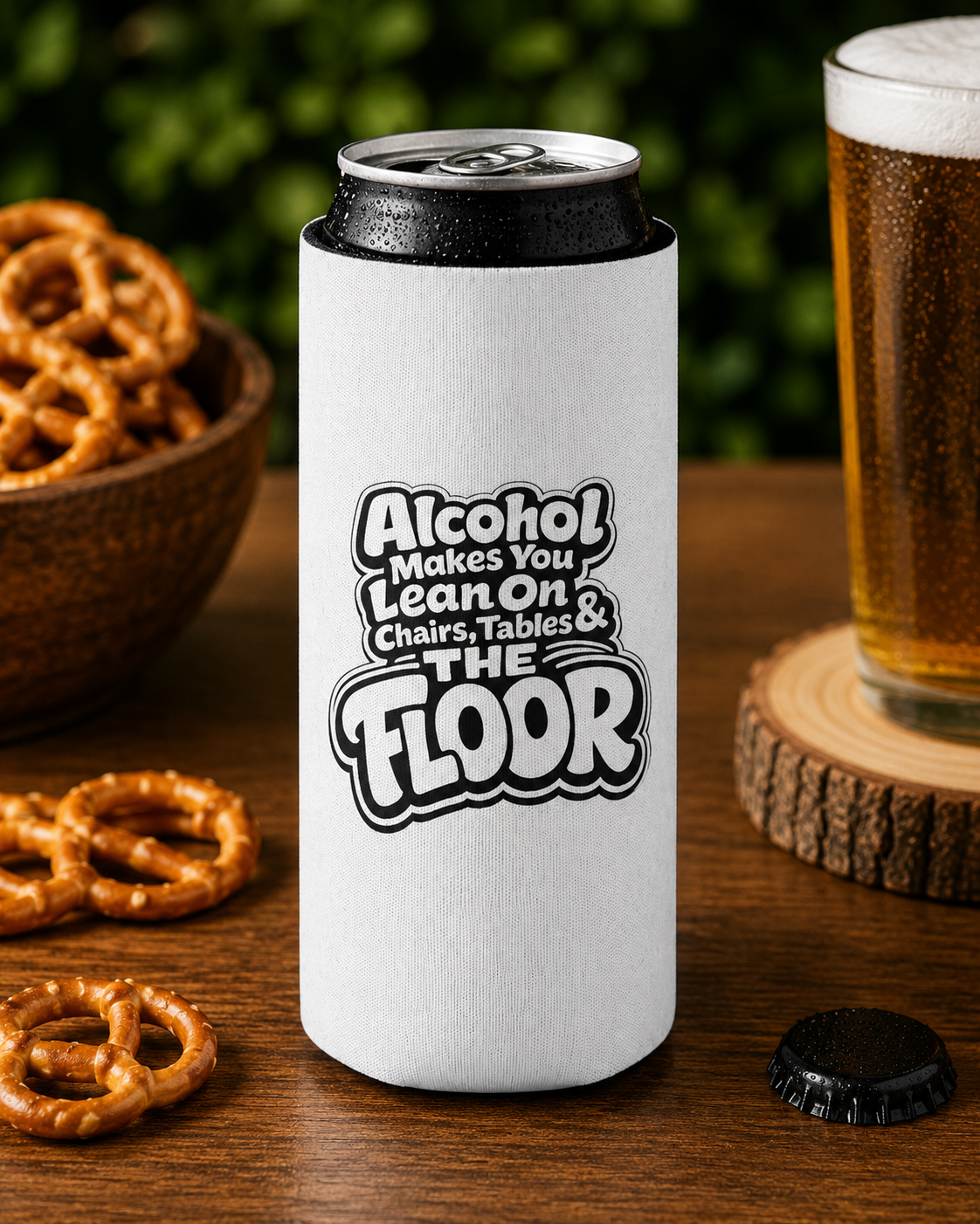 Alcohol Makes You Lean on Chairs Tables & The Floor Slim Can Cooler